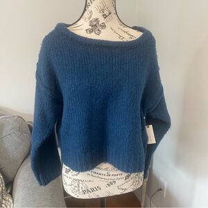 Anthropologie NWT Size XXS Deep Blue Boatneck Boxy Cropped Oversized Sweater